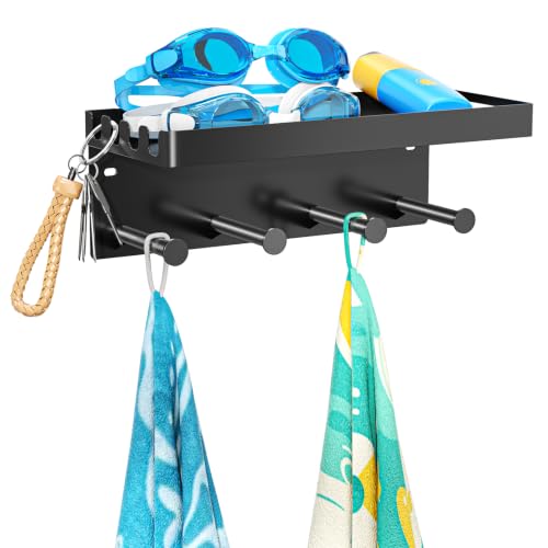 LOXSUN Pool Towel Racks with Shelf Wall Mounted, Pool Towel Holder Outdoor with 4 Hooks, Metal Towel Hanger Pool Accesso
