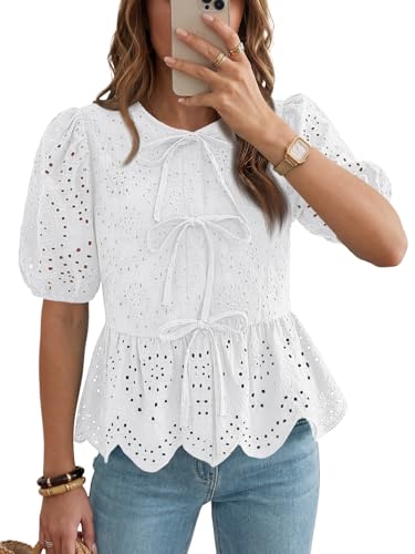 LILLUSORY Womens Spring Embroidered Short Puff Sleeve Peplum Tops Summer
