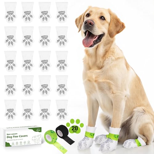 EXPAWLORER Disposable Dog Socks, 20 PCS Waterproof Boots Shoes Paw Protectors with Self-Adhesive Bandage Double Sided Anti Slip, Doggie Feet Covers for Medium Large Dogs Cats Outdoor Indoor Walking, L