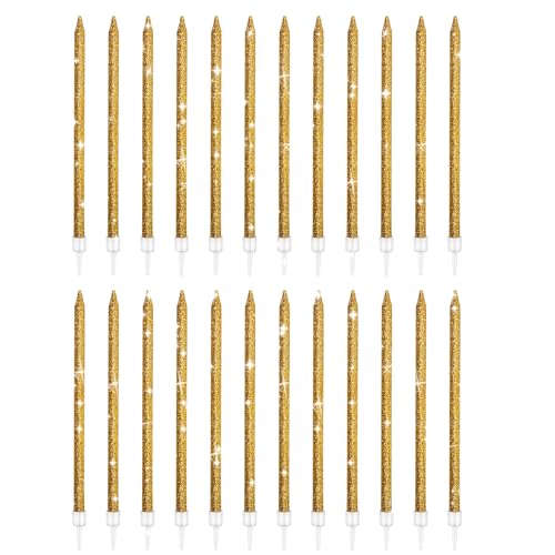 24-Count Glitter Long Thin Birthday Candles, Gold Stick Birthday Cake Candles Set, Cake Candles Decorations for Birthday Party Wedding Anniversary Supplies