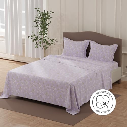 Image of Layers 100% Cotton Bedsheet for Double Size Bed | Lumina Floret Collection | 144 TC Soft & Breathable | Floral Print with 2 Pillow Covers | Wrinkle Free & Colorfast | 3 Piece Bedding Set - Purple