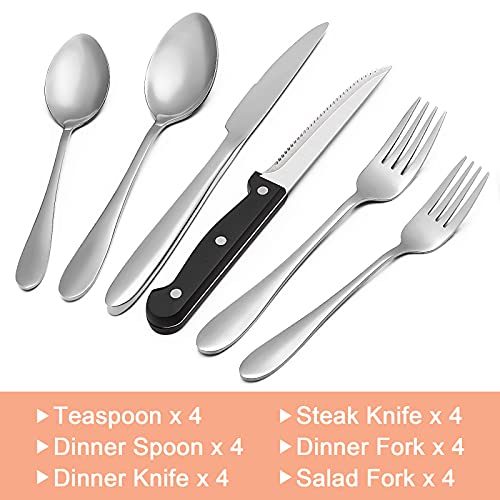 24 Pcs Silverware Set, CEKEE Stainless Steel Flatware Cutlery Set for 4, Tableware Include Fork Spoon Steak Knives, Mirror Polished Cutlery Utensil Set, Dishwasher Safe
