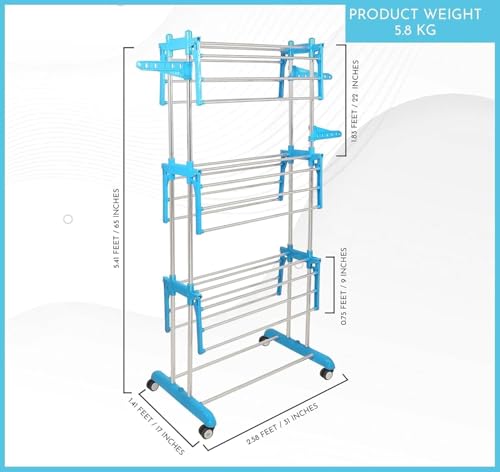Image of Foldable Multi Layer Clothes Drying Stand with Wheels - Adjustable Stainless Steel Laundry Dryer Rack with Hanger Hooks for Indoor & Outdoor Use