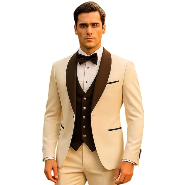 Men Suits 3 Piece Slim Fit Party Wear Wedding Groomsmen Prom Dinner Beige Suit