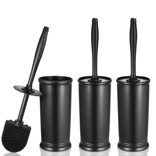 Image of HAMITOR Toilet Bowl Brush Holder Set: Classic Round Bristle Head Deep Cleaning Cleaner Scrubber with Tall Caddy for Restroom - Home Bathroom Decor Accessories - Black 3 Pack