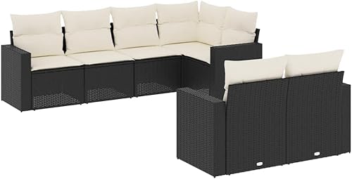 Miniatura 3 de 7-Piece Modular Outdoor Sofa Set in Black and Cream White, Durable PE Rattan and Steel Construction with Removable Cushions, Versatile Seating for