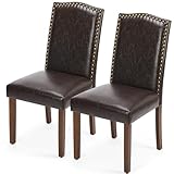 DUMOS Upholstered Dining Chairs，Set of 2 PU Leather Dining Room Kitchen Chair with Nailhead Trim and Wood Legs, Modern Side Chairs for Living Room-Brown
