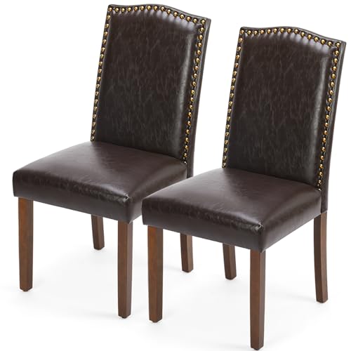 DUMOS Upholstered Dining Chairs,Set of 2 PU Leather Dining Room Kitchen Chair with Nailhead Trim and Wood Legs, Modern Side Chairs for Living Room-Brown