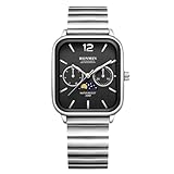 RORIOS 腕時計 太陽 月 星表示 メンズ 日付 曜日表示 スクエア アナログ 多機能ウォッチ 防水 ランニング 時計 ステンレススチールバンド 人気 仕事用 おしゃれ カジュアル ビジネス 通勤 就活 watch for men ブラック