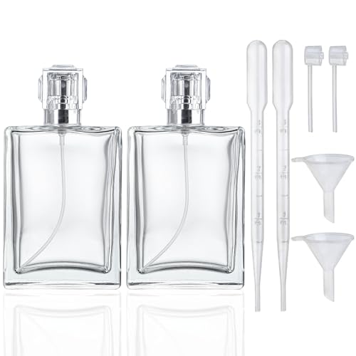 YU FENG 2 Pack Perfume Spray Bottles 100ml/3.4oz Refillable Glass Perfume Atomizer Empty Square Clear Glass Cologne Bottles with Fine Mist Spray