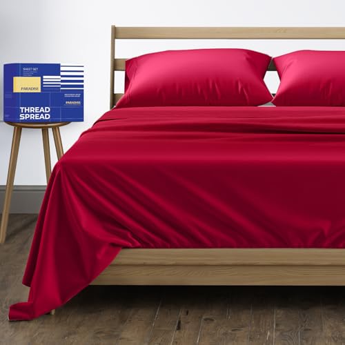 Image of THREAD SPREAD Egyptian Cotton Sheets Queen Size - 1000 Series High Thread Count Cotton Queen Sheet Set (4 PC, Red), 16 inch Snug Fit Deep Pocket, Cooling, Sateen Weave, Ultra-Soft Hotel Luxury Sheets