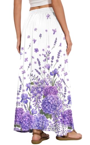 Image of Womens Maxi Skirt Long Flowy Summer A-Line High Waist Skirts | Elastic Waistband with Pockets, Lightweight Fabric, Casual Wear, Swing beach boho Outfits, Fashion Clothes