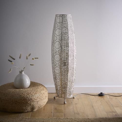Aziza Moroccan Style Satin Nickel Floor Lamp | Intricate Cut-Out Design with Bulb Included | Decorative Lighting for Living Room, Bedroom, or Hallway