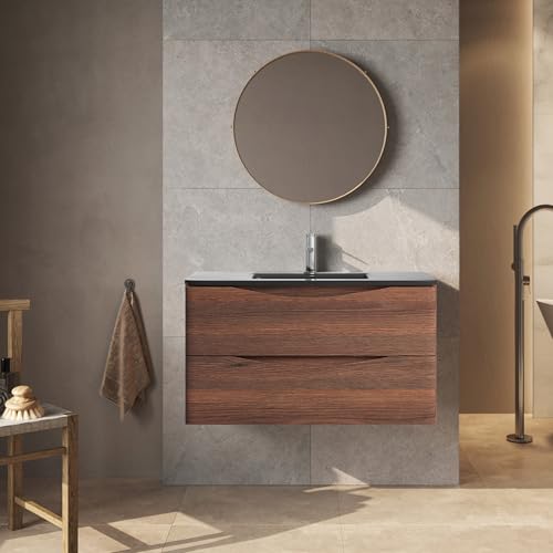 Image of Go Bathrooms Eaton Redwood 900mm Wall Hung Vanity Unit Inc Grey Glass Basin Sink Oak Effect Vanity Unit Under Sink Bathroom Cabinet Storage Vanity Sink