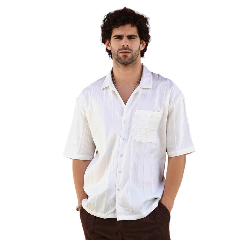 Image of CAHOOT Men's Oversized Shirt for Casual Wear | Cuban Collar | Short Regular Sleeves | Button Closure | Oversized Shirt Crafted with Comfort Fit for Everyday Wear