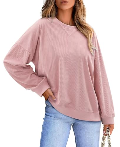 KISSMODA Womens Casual Long Sleeve Sweatshirts Color Block/Solid Tops Corduroy Crewneck Tunic Pullover with Pockets