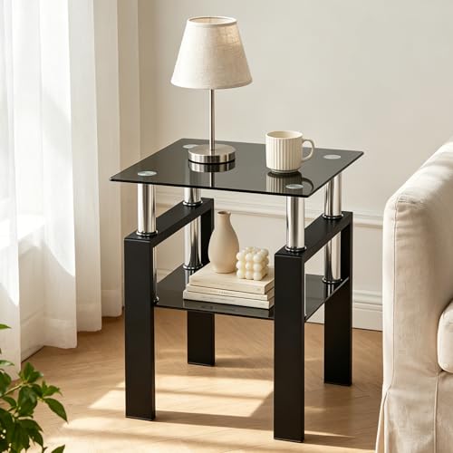 Image of Meihua Tempered Glass End Table, Black Modern Square Side Table with Metal Frame, 2-Tier Glass Accent Table for Living Room, Bedroom, Apartment & Small Spaces