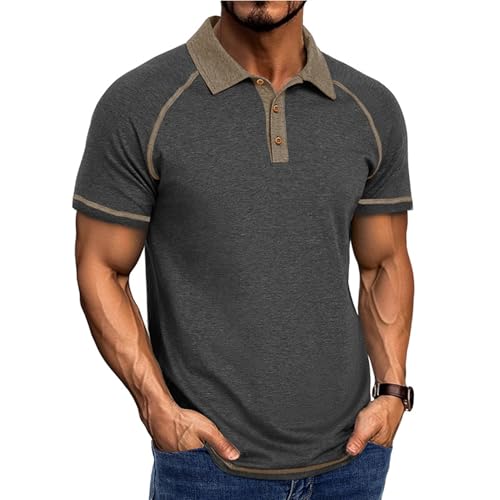 Image of Aro Lora Mens Polo Shirts Short Sleeves T Shirt Casual Golf Polo Collar Buttoned Tops Grey T Shirt XXXL