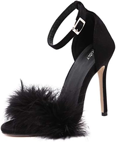 MMJULY Women's Open Toe Ankle Strap Fluffy Feather Stiletto High ...