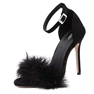 Women’s Open Toe Ankle Strap Fluffy Feather Stiletto High Heel Dress Sandal