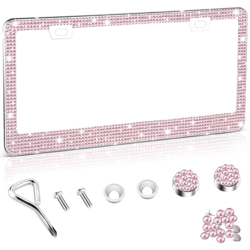 Amiss Bling License Plate Frame for Women, 1Pack Rhinestone Handcrafted Crystal Premium Stainless Steel, Stainless Steel Car Accessories with Diamond Sparkle Glitter Caps (Pink)