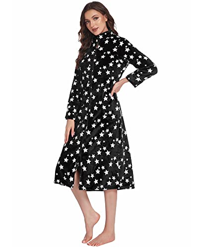 Ekouaer Fleece Robe Womens Long Zip Up Bathrobe Plush Warm Loungewear With Pockets Black Stars Small #TOP3