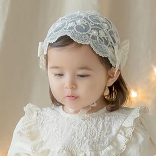 Baby Girls Lacy Bow Headband Soft Breathable Lace Hairband for Toddlers Infant Baptism Christening Beanie Cap