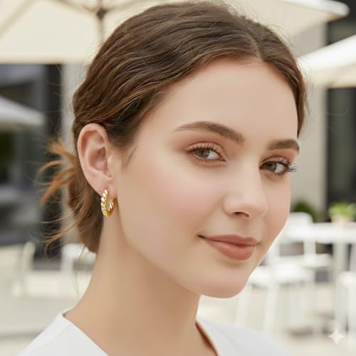 Image of KIMTI Gold Plated Hoop Earrings for Women - 18K Gold Plated Round Chunky Hoops | Lightweight Anti Tarnish Hypoallergenic Korean Style | Daily Wear Earrings for Girls and Women