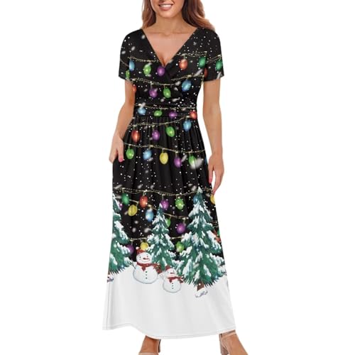 Image of Women's Fall Summer Short Sleeve Ankle Length V-Neck Party Dress with Pockets Size S-3XL