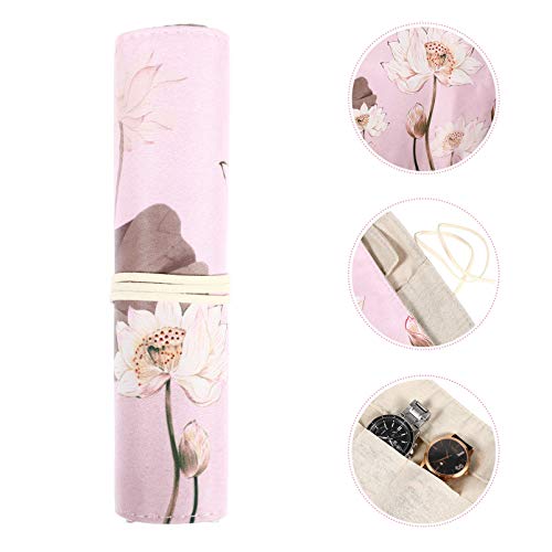 Hemobllo Roll Up Pencils Wrap Linen Vintage Pencil Pouch Lotus Printed Large Capacity Pencil Case Pen Pencil Holder Storage Organizer For Marker Coloring Pencil Pink #TOP7