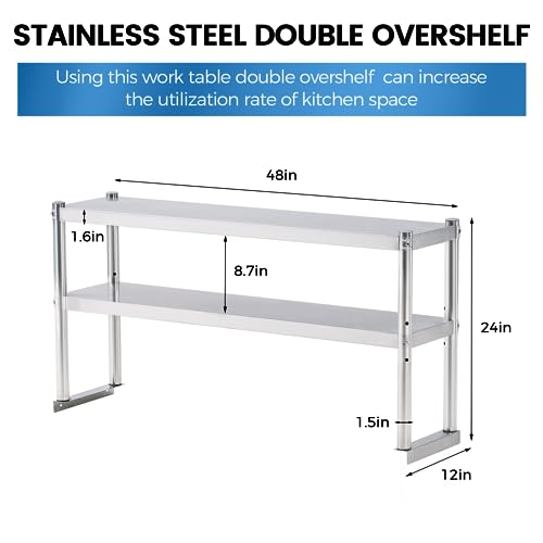 Image of KUARBARR Stainless Steel Shelf 2 Tier Stainless Overshelf for Kitchen Prep Work Table 12 x 48 Inches Adjustable Commercial Steel Table OverShelf for Kitchen, Restaurant, Bar, Utility Room, Garage
