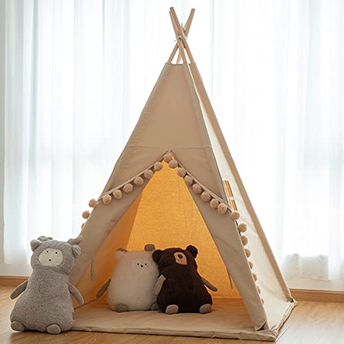 RONGFA Teepee for Kids Tent Indoor with Floor Mat,Carry Bag,Banner,Play Cottage with Star Light, Cotton Canvas Kids Teepee Tent for Girls & Boys, Pompom Ball Design, Foldable Teepee Tent by RONGFA - Image 6
