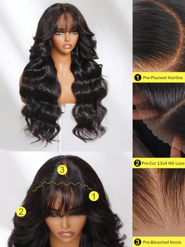 Image of Sunber Curtain Bangs Bye Bye Knots 13X4 HD Lace Front Wig Human Hair 24 inch | Loose Wave Put On and Go Glueless Wigs Pre Plucked Pre Bleached Human Hair
