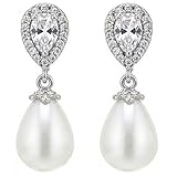 Mariell Pearl Bridal Wedding Drop Earrings with CZ Crystals for Brides, Bridesmaids, Birthday Gift