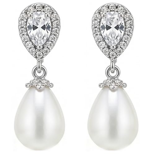 Mariell Pearl Bridal Wedding Drop Earrings with CZ Crystals for Brides, Bridesmaids, Birthday Gift