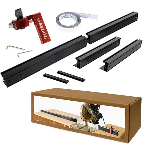 O'SKOOL Miter Saw Fence System with Adjustable Flip Stop – 68' Expandable Aluminum Track with Dual-Direction Measure Tape for Radial Arm Saws, Drill Presses, and Woodworking Stations