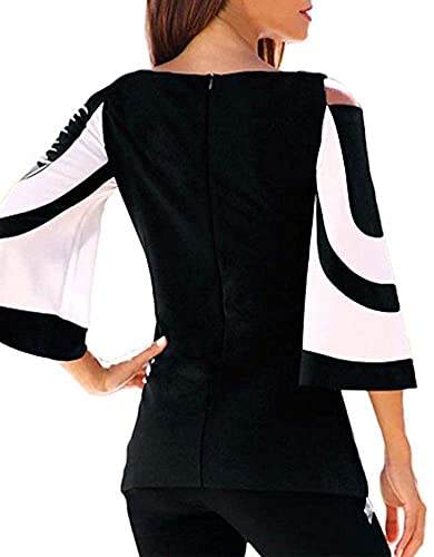 Women Blouses and Tops Black White Colorblock Bell Sleeve Cold Shoulder Top Shirt2