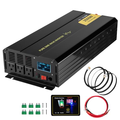 Image of Happybuy Pure Sine Wave Inverter, 2500W, DC 12V to AC 120V, with USB Port, LCD Display & Remote Controller, Ideal for RV, Truck, Car, Solar System, Travel & Camping