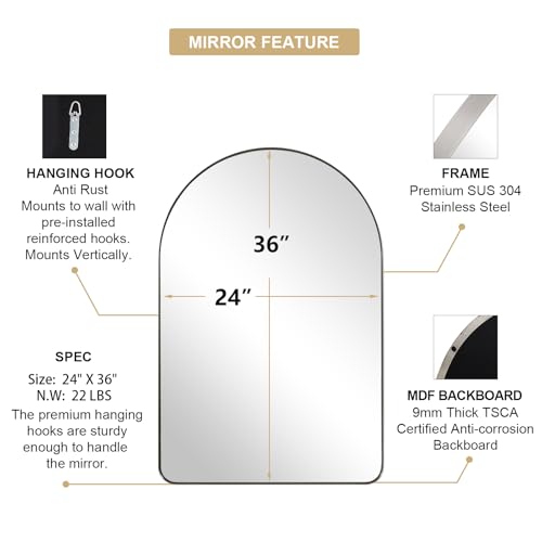 Image of ANDY STAR Arched Mirror, 24 x 36 Inch Brushed Nickel Bathroom Mirror with Stainless Steel Metal Frame, Arch Top Rounded Corner 1 Inch Deep Set Design Wall Mount Hangs Vertical