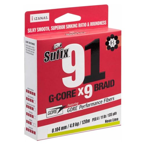 Sufix Tresse 9 Brins 91 G-Core 300 m, D,0,33 mm, R,27,2 kg, Lo Vis Green - S91330GR300, ASU640805
