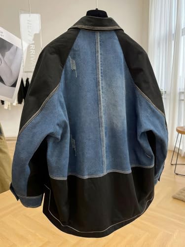 ebossy Womens Oversized Patchwork Denim Blazer Notch Lapel Button Down Distressed Boyfriend Jean Jacket2