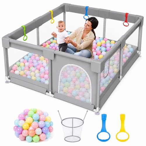 Wemart Baby Playpen 200 * 180cm for Toddlers with Door and Suction Cup Baby Safe Activity Center Large Playpen Baby Bumper Foam with Breathable Mesh (grey03)