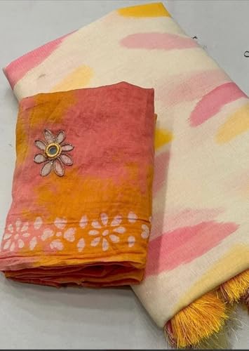 Image of Women's Linen Cotton Blend Saree Multicolor Ikat Brush Print Scalloped Border with Floral Print Unstitched Blouse Piece