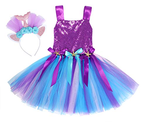 Jurebecia Princess Mermaid Tutu Dress Girls Sequins Mermaid Outfits Halloween Costume Theme Party Cosplay Preschool Role Play Clothes Birthday Holiday Dress Up With Headband Purple Size 2-3 Years #TOP3