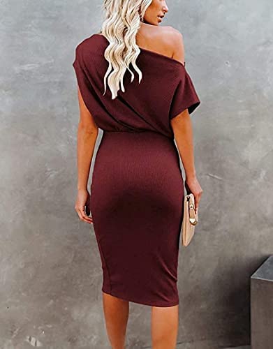 Image of EZBELLE Women's Summer Dress Off The Shoulder Short Sleeve Ribbed Casual Party Bodycon Midi Dresses