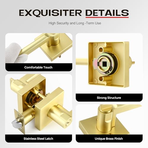 Heittis 2 Pack Satin Brass Interior Door Handle, Interior/Exterior Gold Door Knob with Lock and Key, Gold Entry Door Handle for Entracnce or Front Doors, Heavy Duty Modern Door Knob by Heittis - Image 4