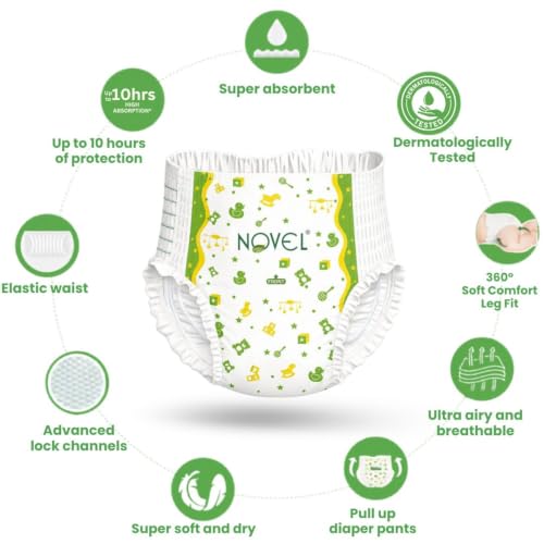 Image of Novel Baby Diaper Pants | XL Size (Extra Large), with Aloe Vera Lotion for rash protection | Pack of 54 Count | Cotton-Soft & Breathable | 360 Comfort Fit, Rash-Free Overnight Diapers for Babies