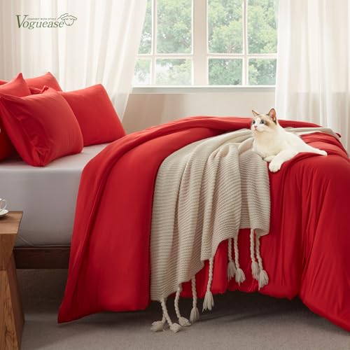 Image of Queen Comforter Set, Comforters Queen Size Luxury Ultra-Soft Jersey Knit Bedding Sets, Red Lightweight Down Alternative Bed Comforte Queen for All Season, 3 Piece Bedding Setrey