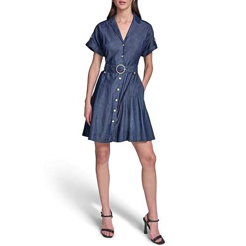Image of Karl Lagerfeld Women's Short Sleeve Collar Chambray Shirt Dress Fit and Flare Dress