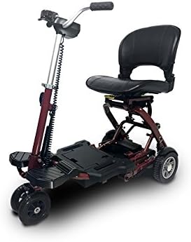 Folding is a Compact Mobility Scooter Indoor Outdoor Use Easy Pull Throttle Key Ignition and Battery Gauge Red